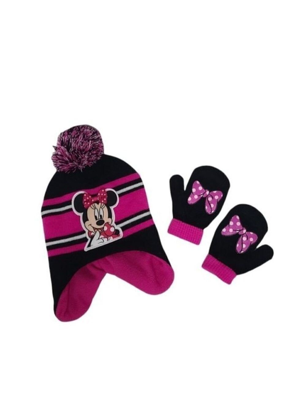Disney Minnie Mouse Pom Pom Winter Beanie & Bow Mitten Toddler Girl Set
